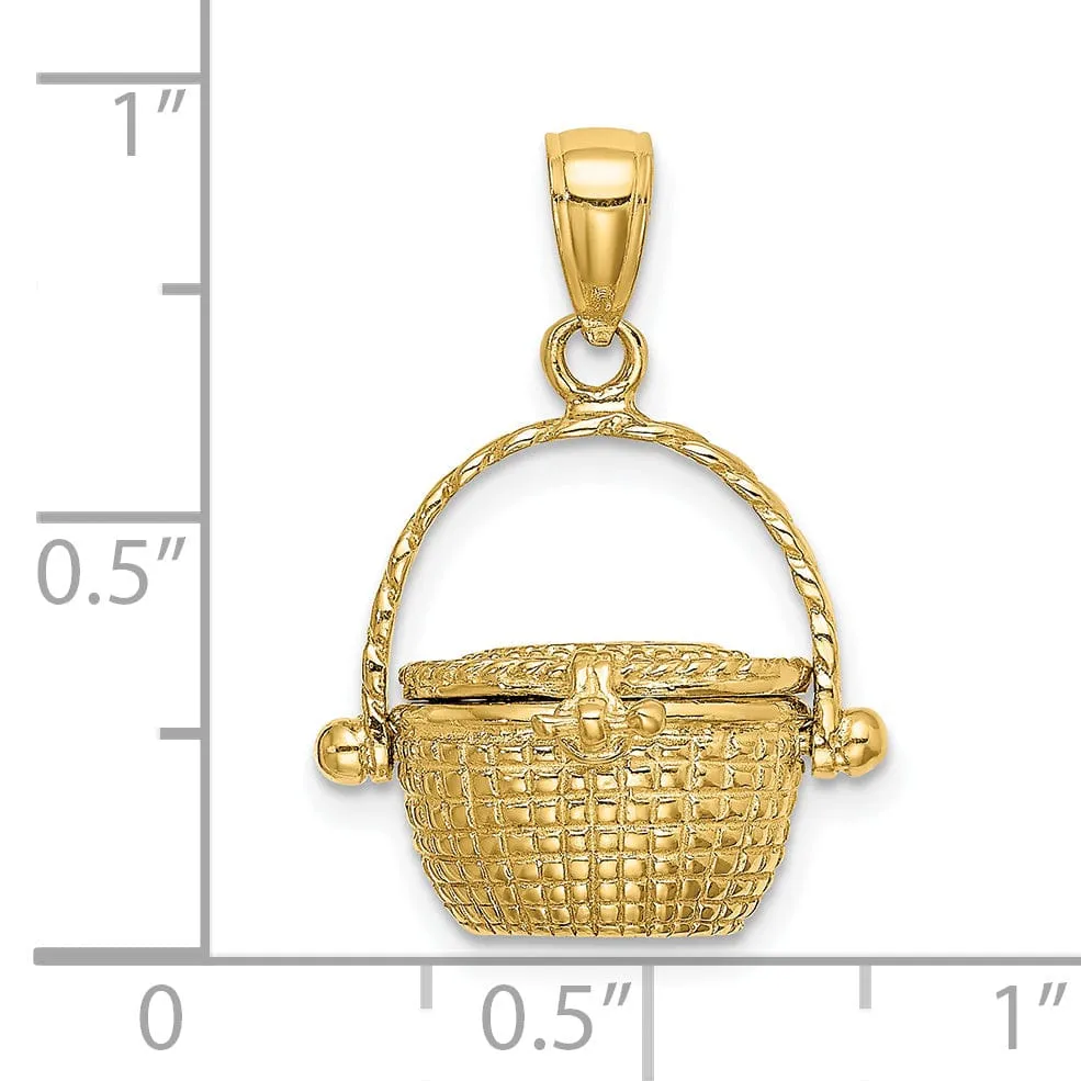 14K Yellow Gold Texture Finish 3-Dimensional Moveable Nantucket Basket Charm Pendant