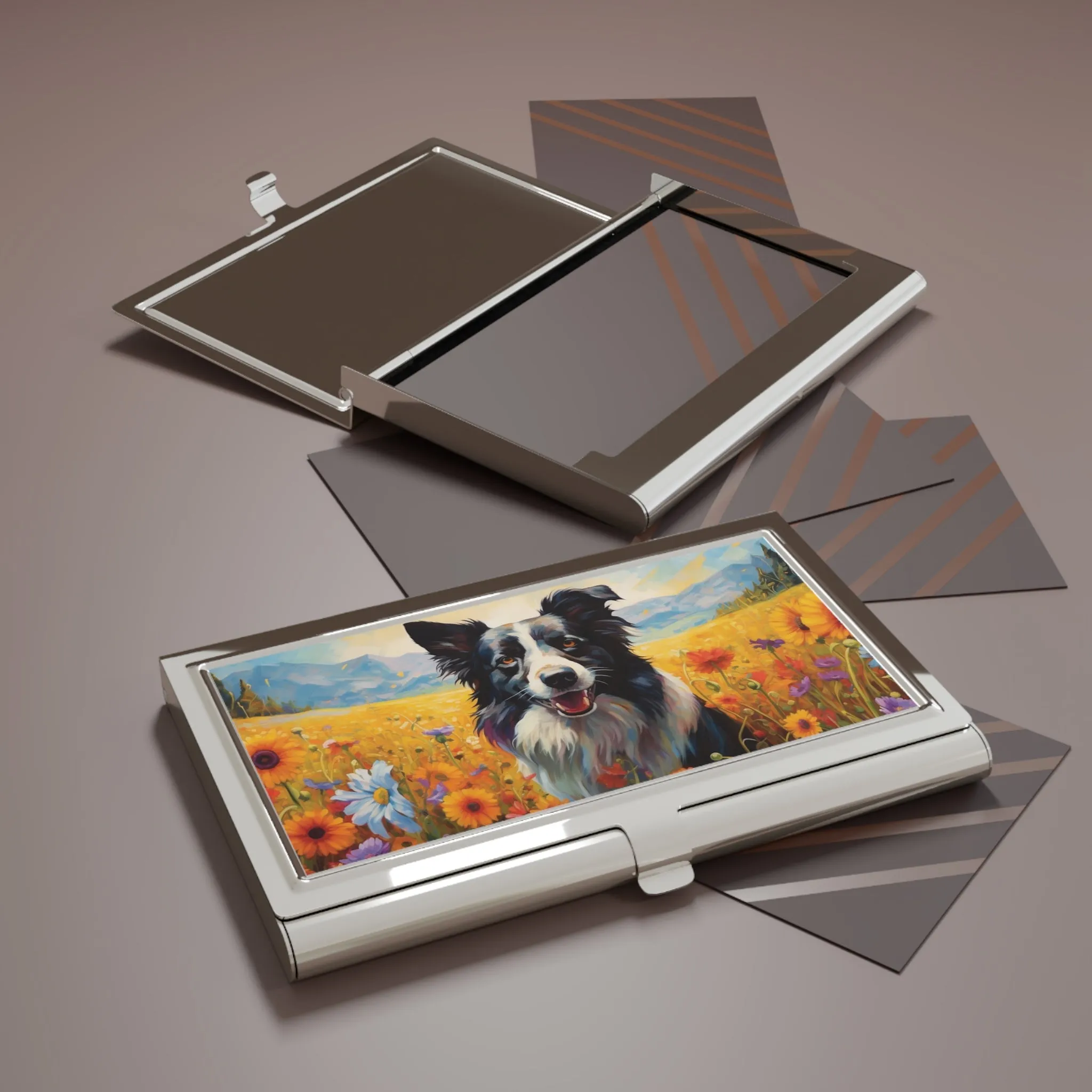 Abstract Expressionism Style Border Collie in Garden Business Card Holder
