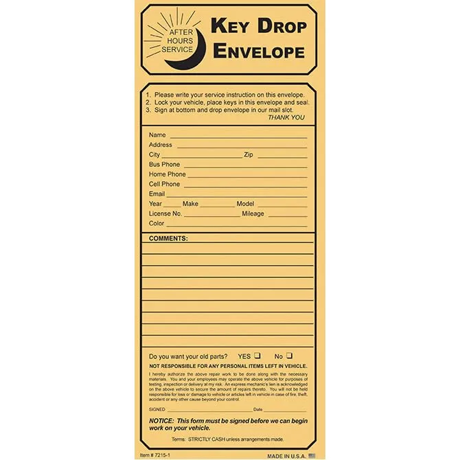 After-Hours Service Key Drop Envelopes for Dealerships - 4-1/8" × 9-1/2" 24# Kraft Envelope with Top Opening - Professional, Durable, and Shrink-Wrapped
