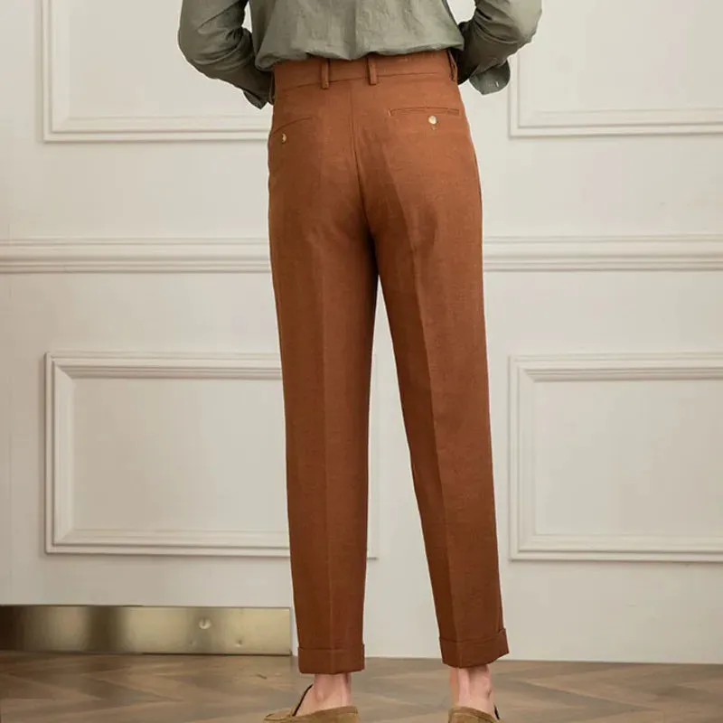 Aidase Italian Cotton Linen Blend High Waisted Men Pant Breathable Casual Straight Leg Pants Male Retro Naple Elegant Suit Trouser Men