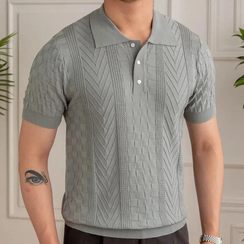 Aidase Summer Jacquard Pattern Lapel Neck Men's Solid Color Short-sleeved T-shirt British Slim Lapel Knitted Striped Casual  Polo Shirt