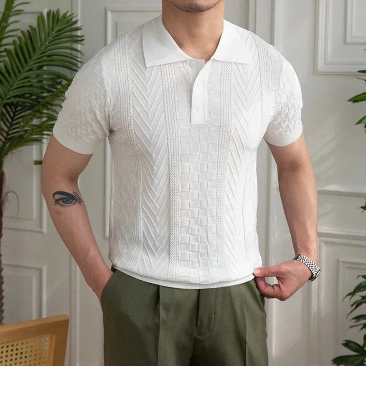 Aidase Summer Jacquard Pattern Lapel Neck Men's Solid Color Short-sleeved T-shirt British Slim Lapel Knitted Striped Casual  Polo Shirt