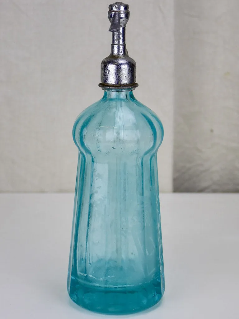 Antique French seltzer bottle - aqua blue, ribbed glass