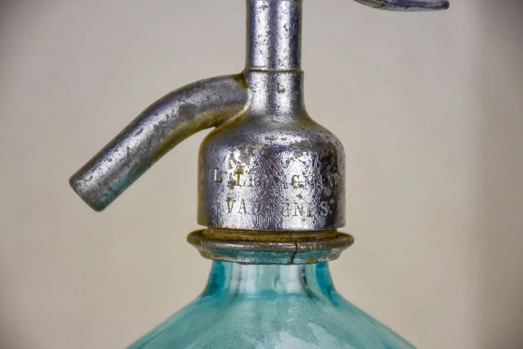 Antique French seltzer bottle - aqua blue, ribbed glass