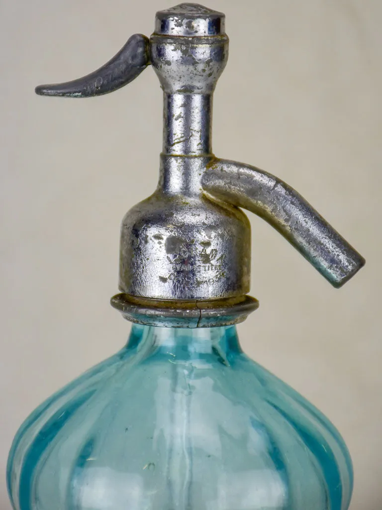 Antique French seltzer bottle - aqua blue, ribbed glass