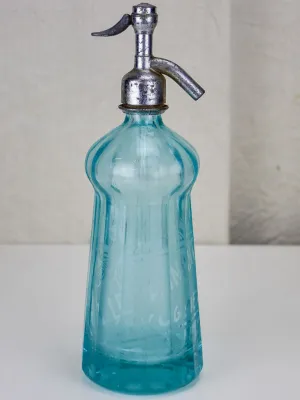Antique French seltzer bottle - aqua blue, ribbed glass