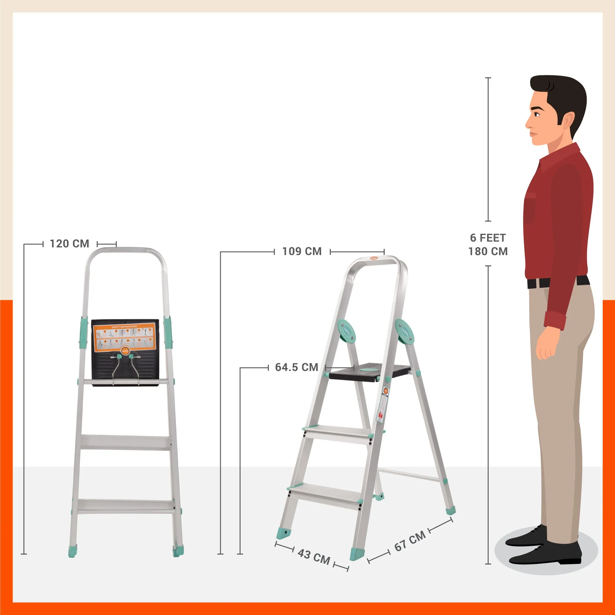 Bathla Advance Carbon - 3 Step Foldable Aluminium Ladder For Home (Teal)