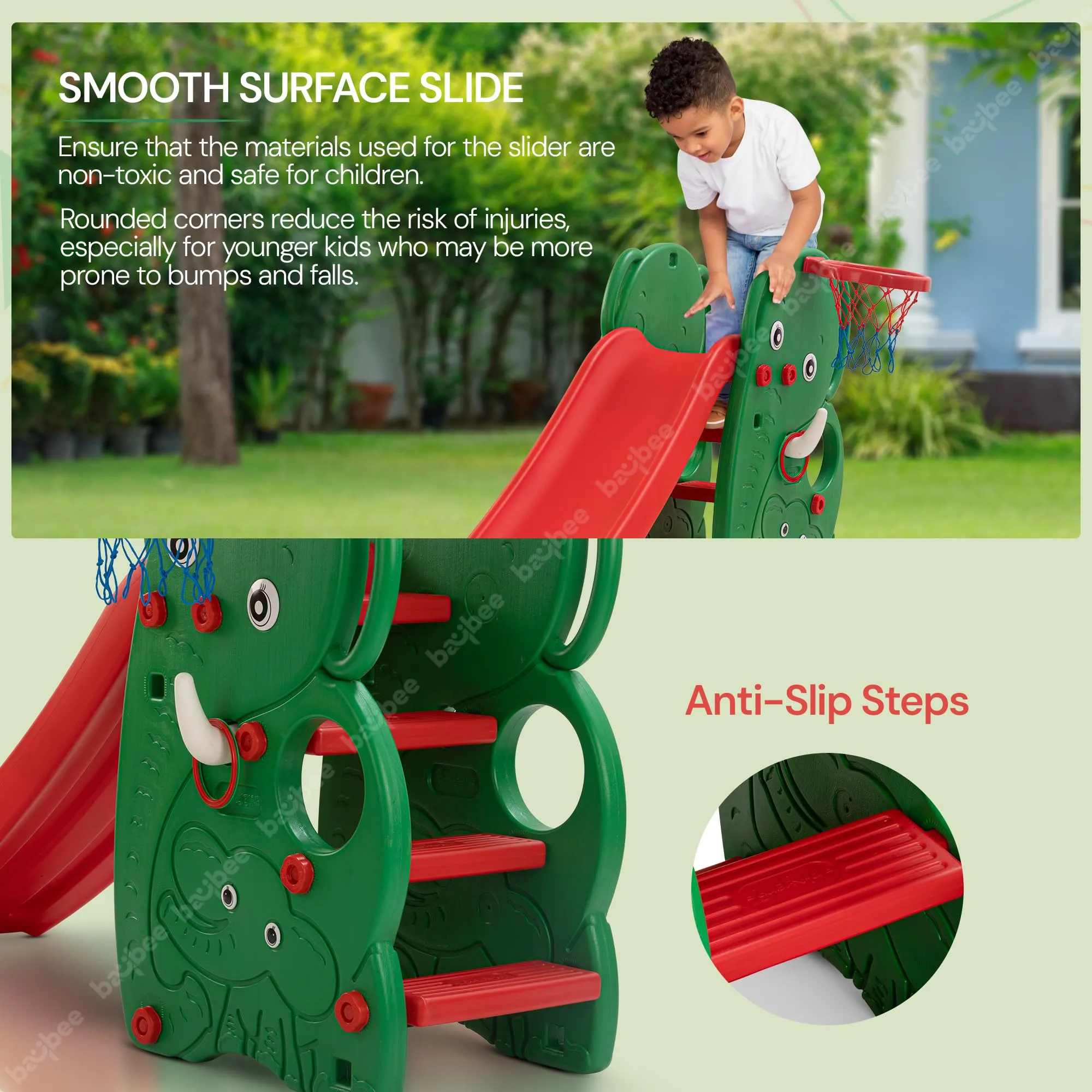 Baybee Foldable 3 in 1 Elephant Baby Garden Slider for Kids, Plastic Slides for Kids with Basketball Hook & Ball