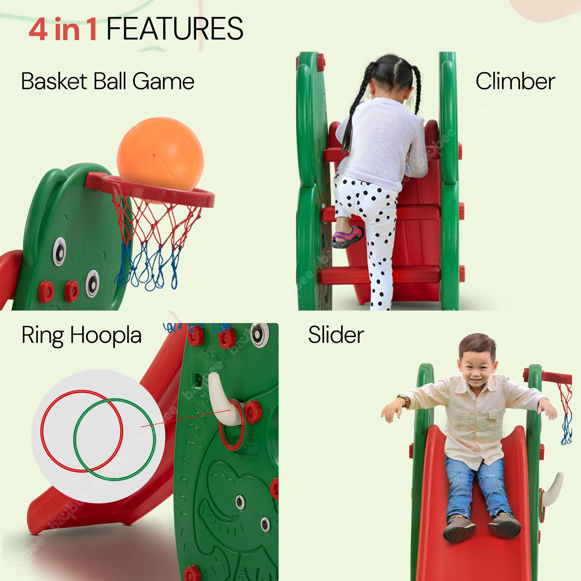 Baybee Foldable 3 in 1 Elephant Baby Garden Slider for Kids, Plastic Slides for Kids with Basketball Hook & Ball
