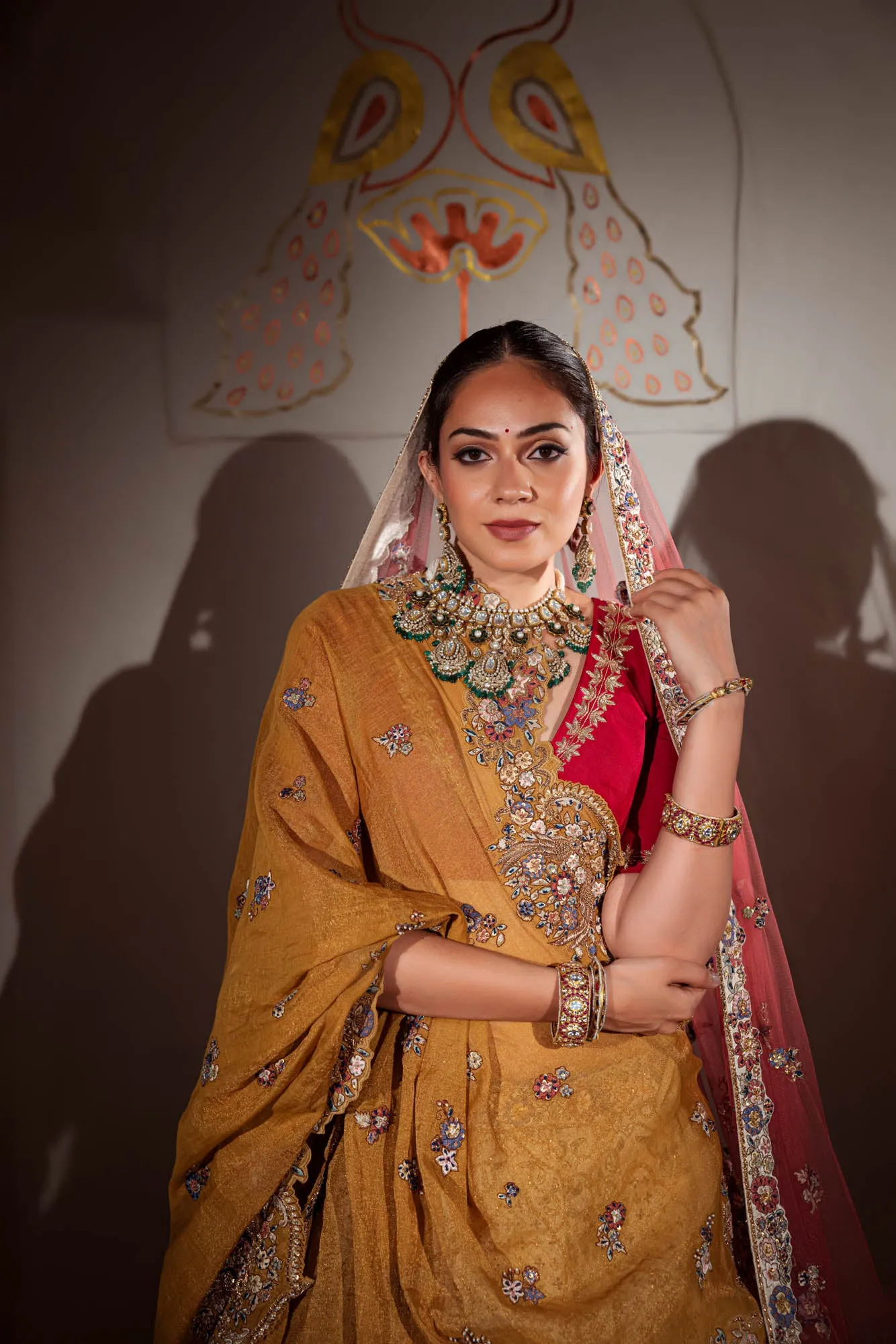 Beige Raw Silk Zardosi & Multi Coloured Thread Work Bridal Lehenga