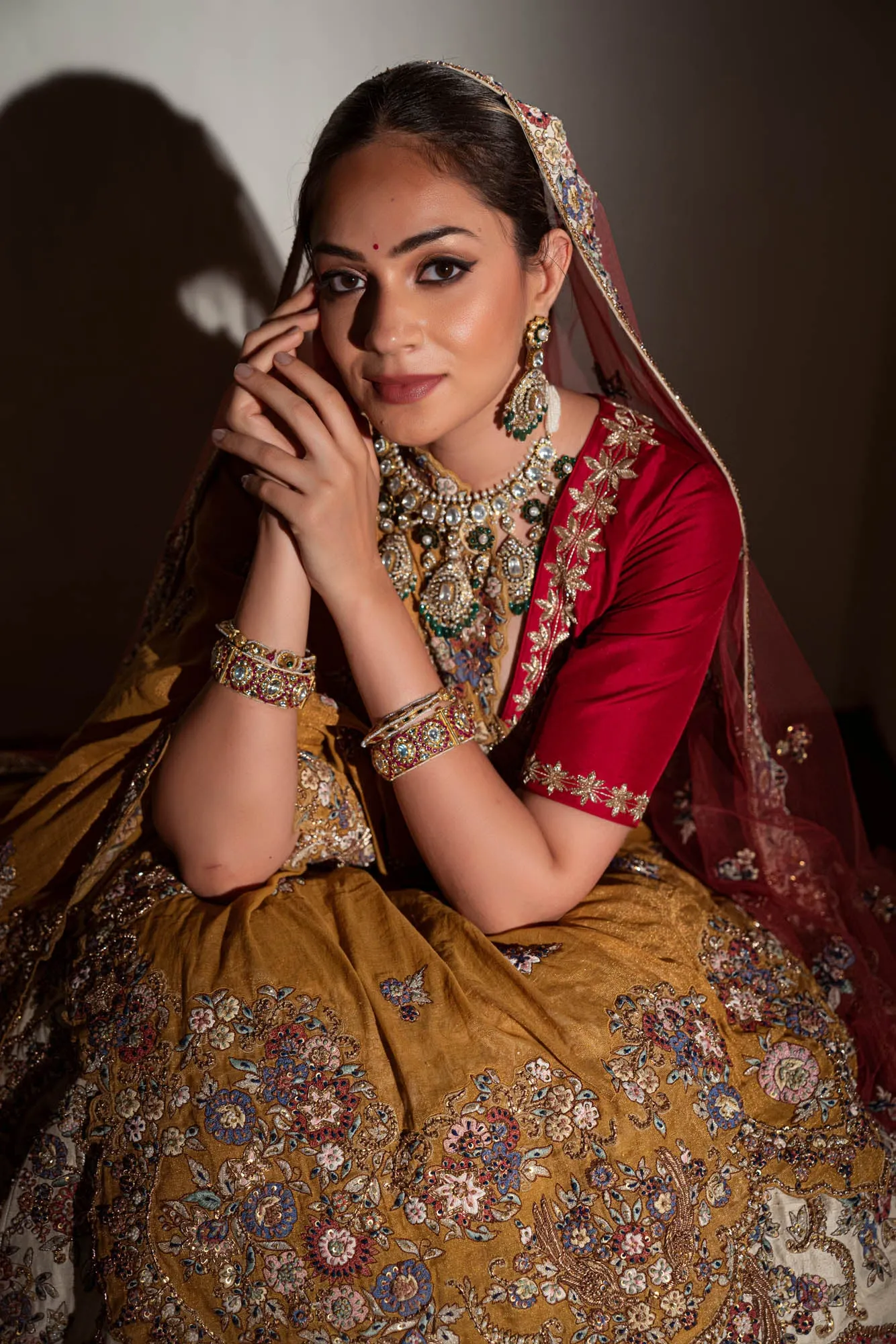 Beige Raw Silk Zardosi & Multi Coloured Thread Work Bridal Lehenga