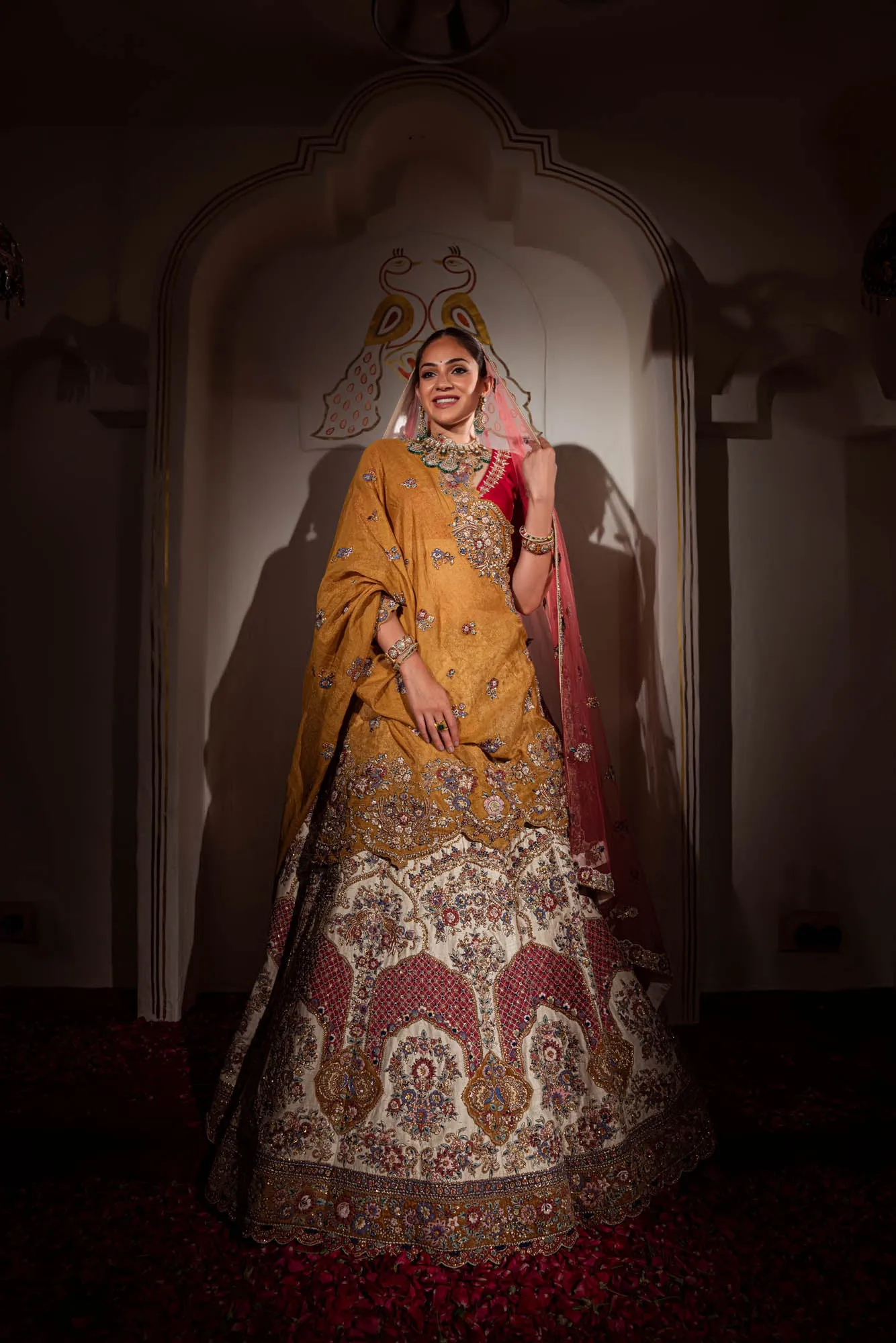 Beige Raw Silk Zardosi & Multi Coloured Thread Work Bridal Lehenga
