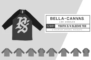 Bella   Canvas 3200Y Youth 3/4 Sleeve Raglan Mockups