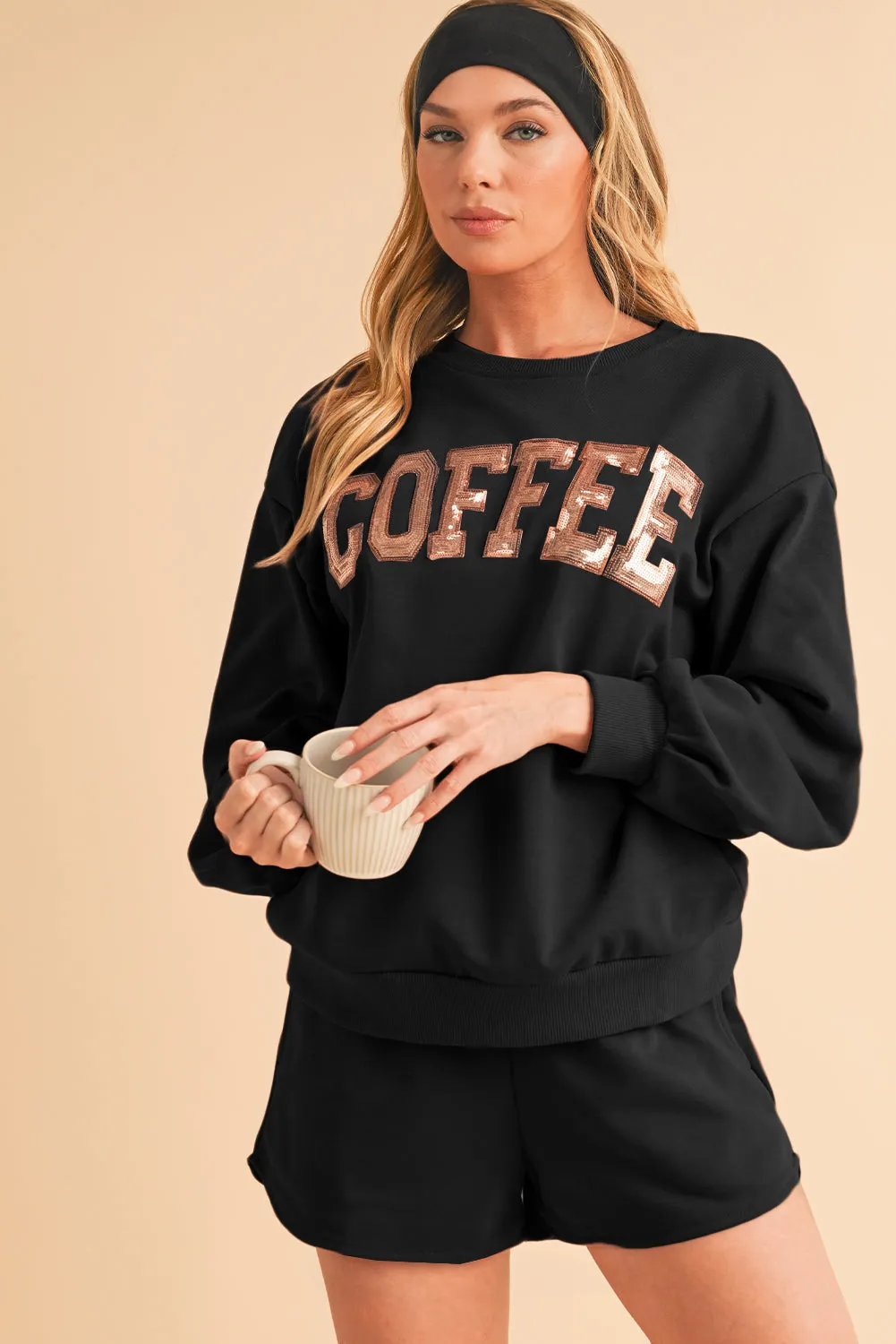 Black Sequins COFFEE Loose Fit Sweatshirt and Shorts Set