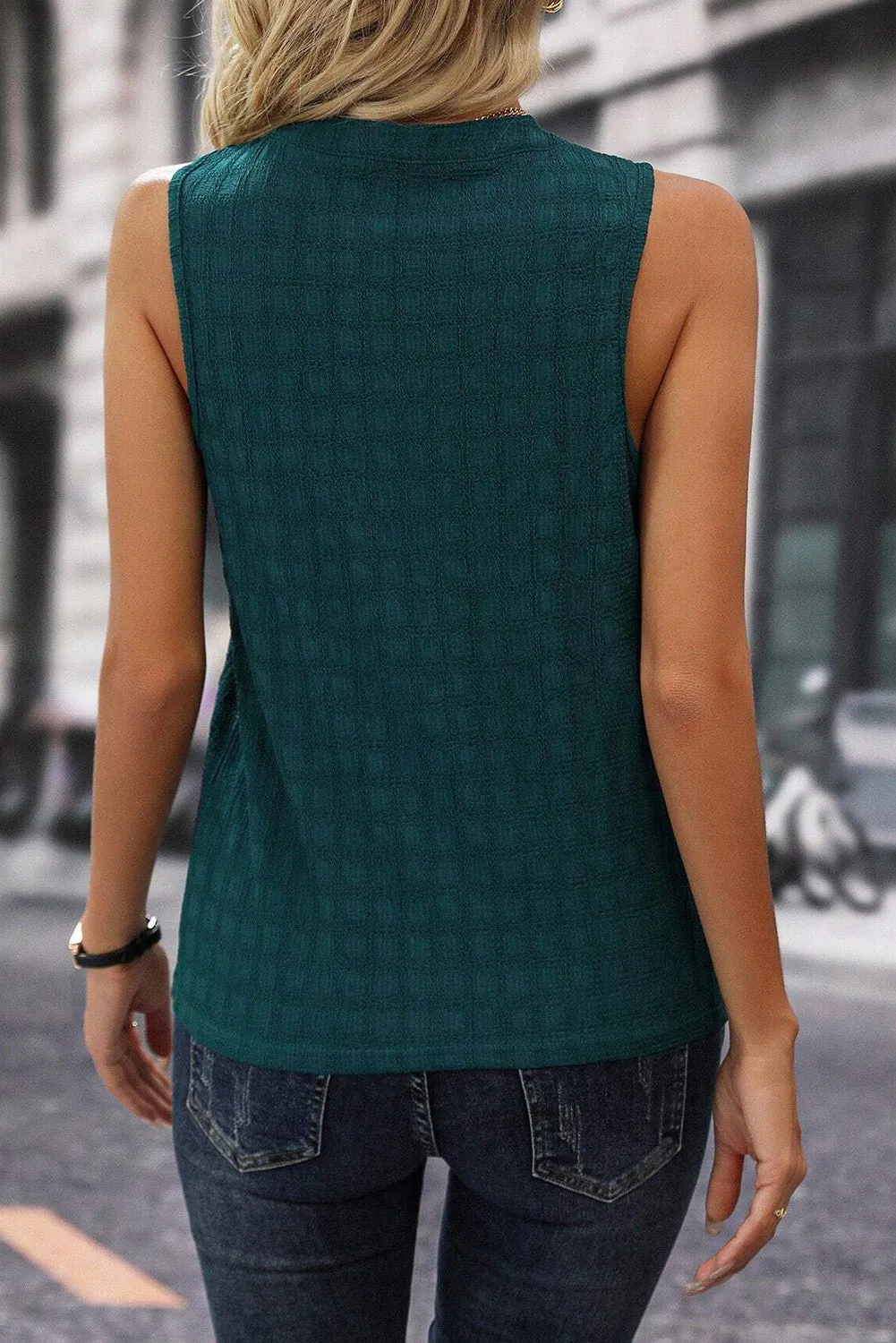 Black Textured Split V Neck Sleeveless Shirt