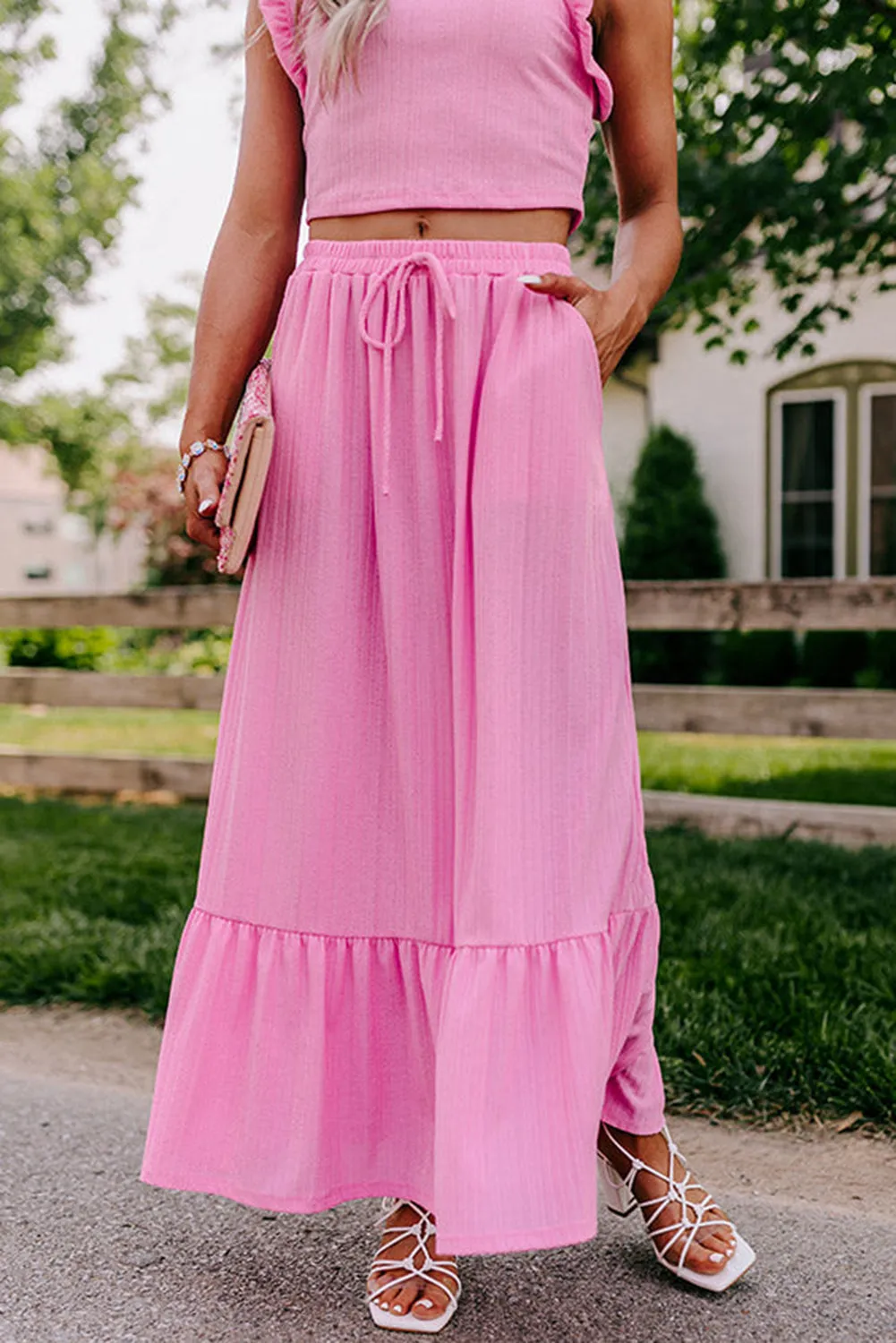 Bonbon Textured Ruffle Trim Crop Top and Drawstring Skirt Set