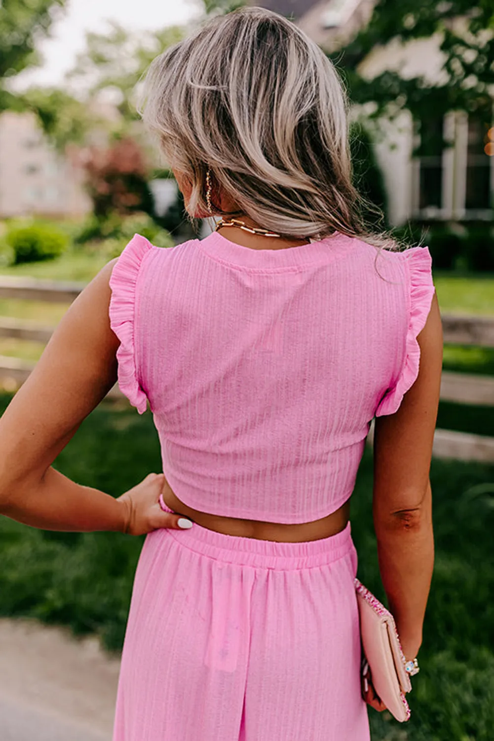 Bonbon Textured Ruffle Trim Crop Top and Drawstring Skirt Set