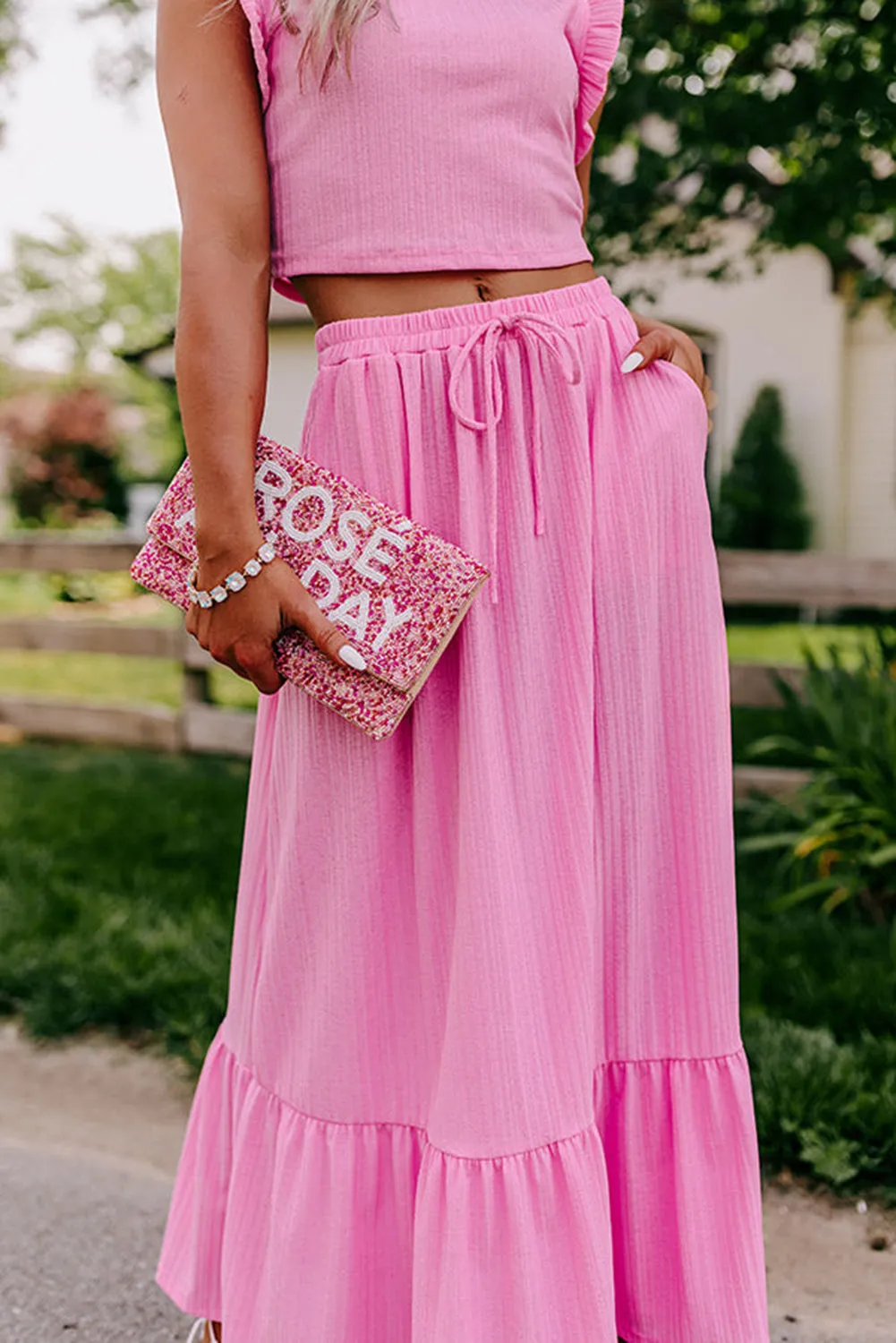 Bonbon Textured Ruffle Trim Crop Top and Drawstring Skirt Set