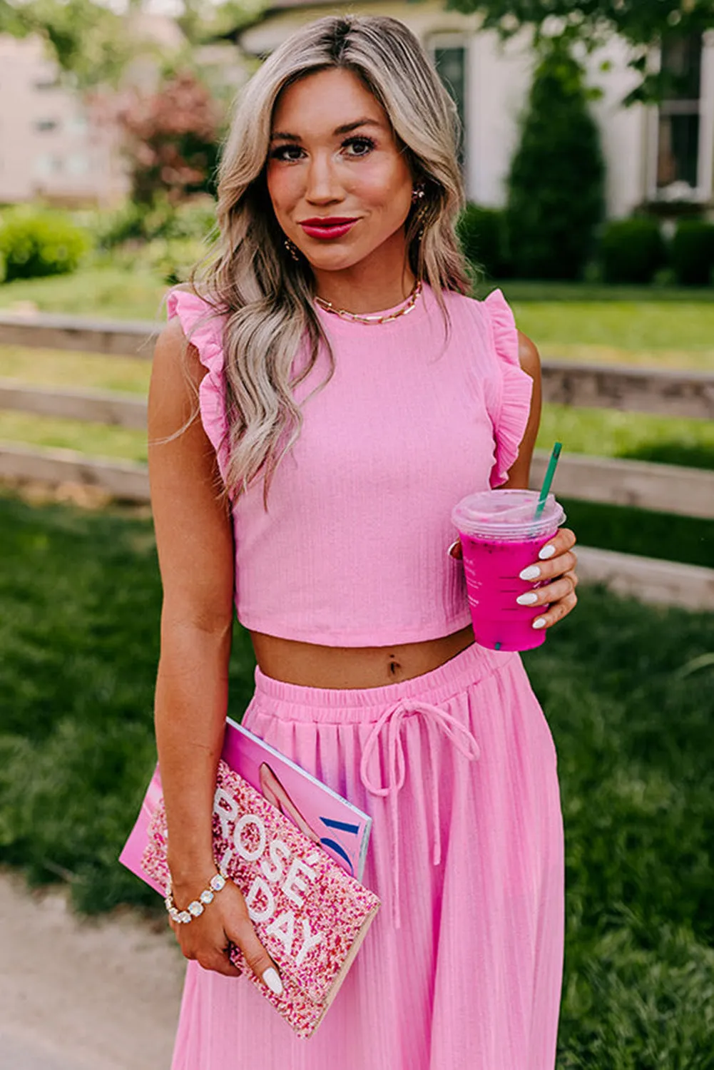 Bonbon Textured Ruffle Trim Crop Top and Drawstring Skirt Set