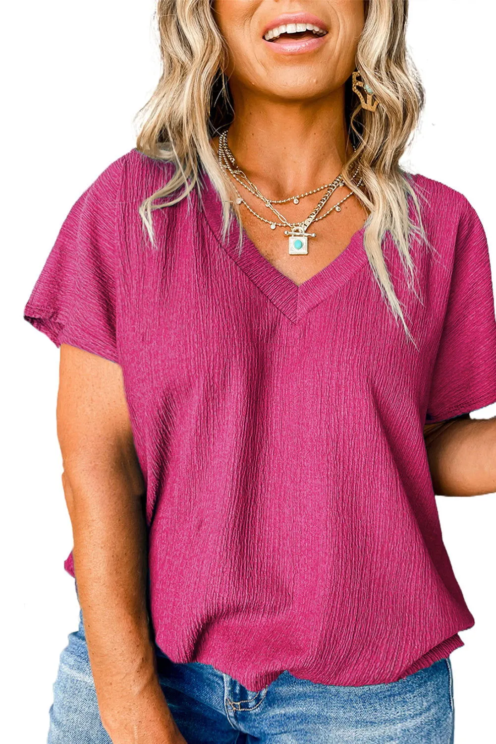 Bright Pink Solid Color V Neck Plus Size Blouse