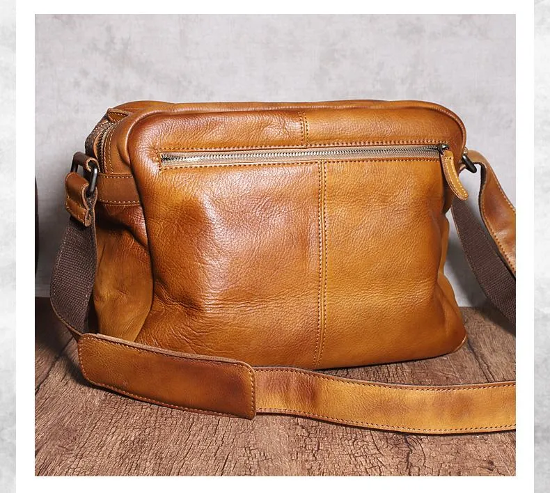 Brown Cool Leather Mens 14 inches Side Bag Gray Courier Bag Messenger Bag for Men