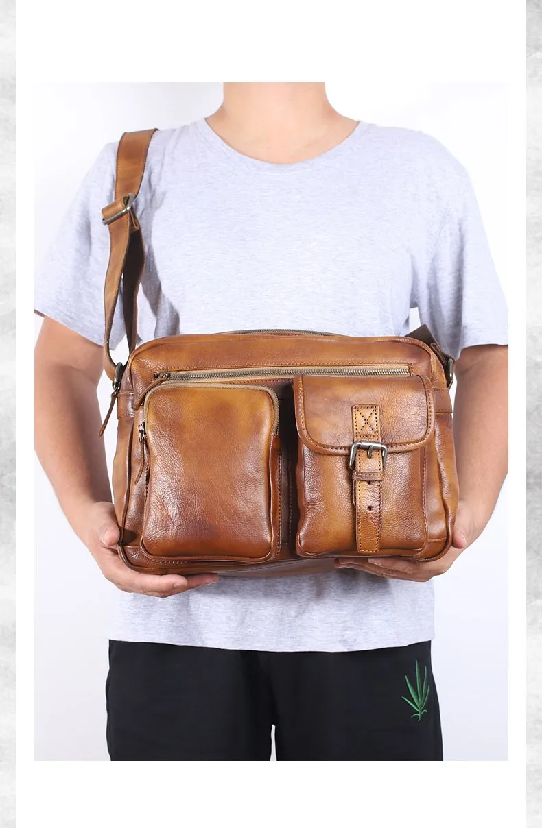 Brown Cool Leather Mens 14 inches Side Bag Gray Courier Bag Messenger Bag for Men