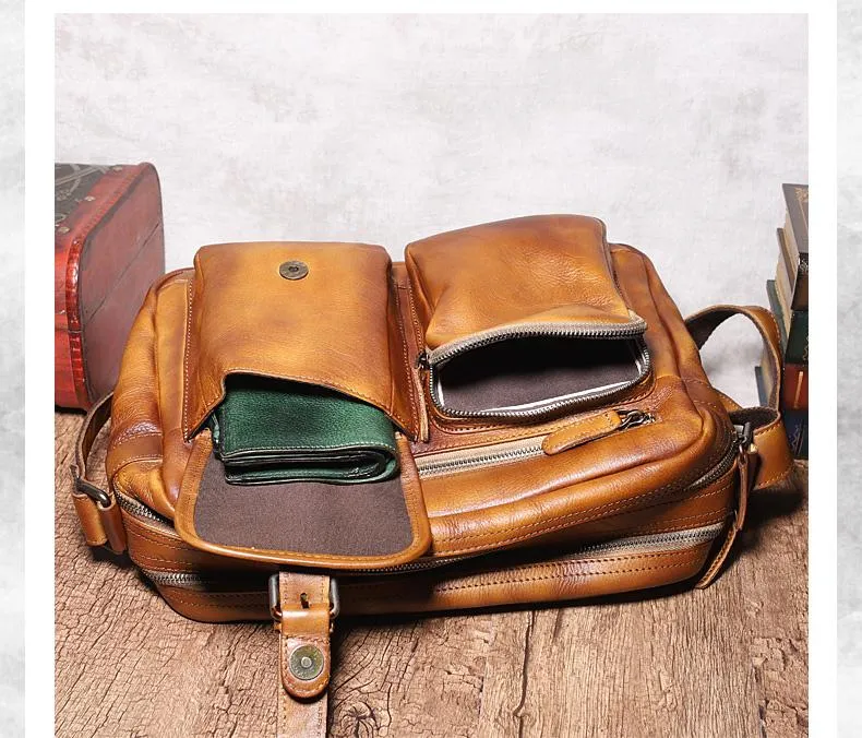 Brown Cool Leather Mens 14 inches Side Bag Gray Courier Bag Messenger Bag for Men