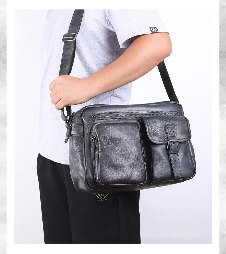 Brown Cool Leather Mens 14 inches Side Bag Gray Courier Bag Messenger Bag for Men