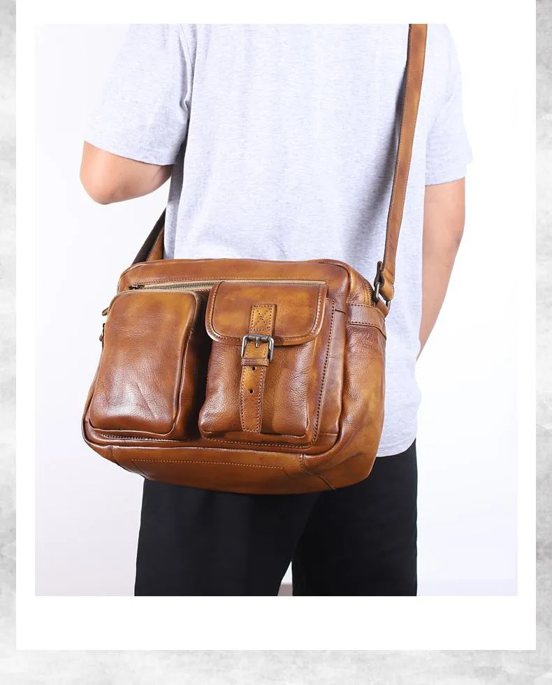 Brown Cool Leather Mens 14 inches Side Bag Gray Courier Bag Messenger Bag for Men