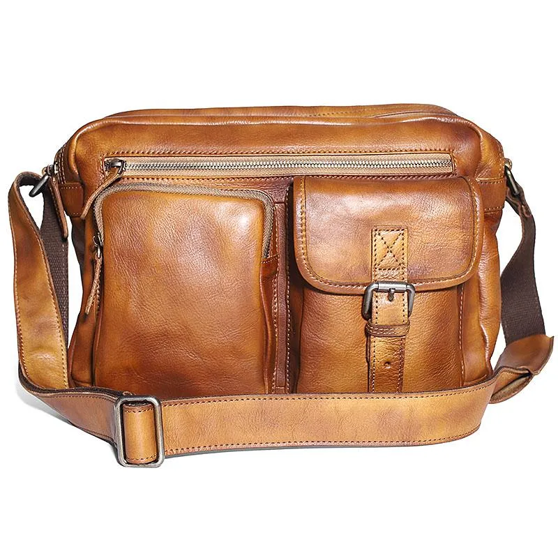 Brown Cool Leather Mens 14 inches Side Bag Gray Courier Bag Messenger Bag for Men