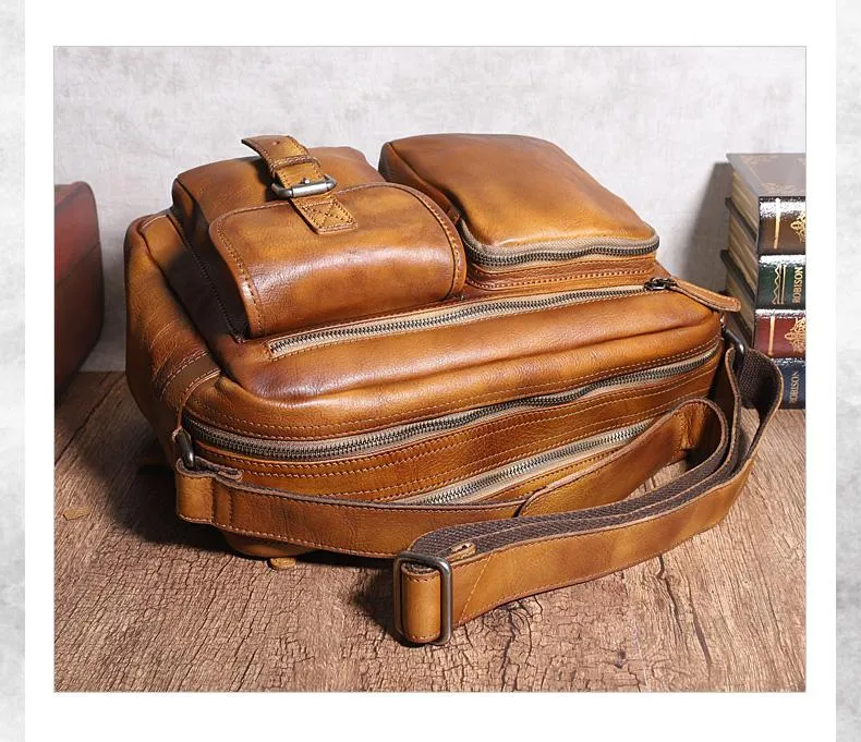 Brown Cool Leather Mens 14 inches Side Bag Gray Courier Bag Messenger Bag for Men