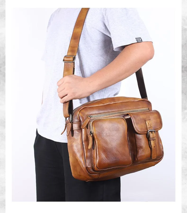 Brown Cool Leather Mens 14 inches Side Bag Gray Courier Bag Messenger Bag for Men