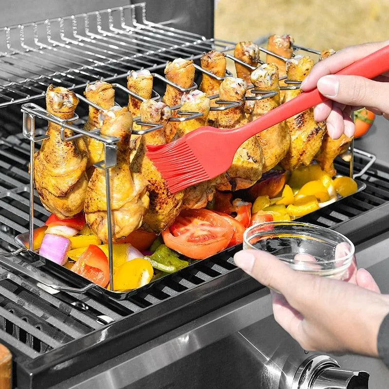 Chicken Leg Rack for Grill -  Premium Stainless Steel Barbecue Chicken Drumstick Holder with Drip Tray