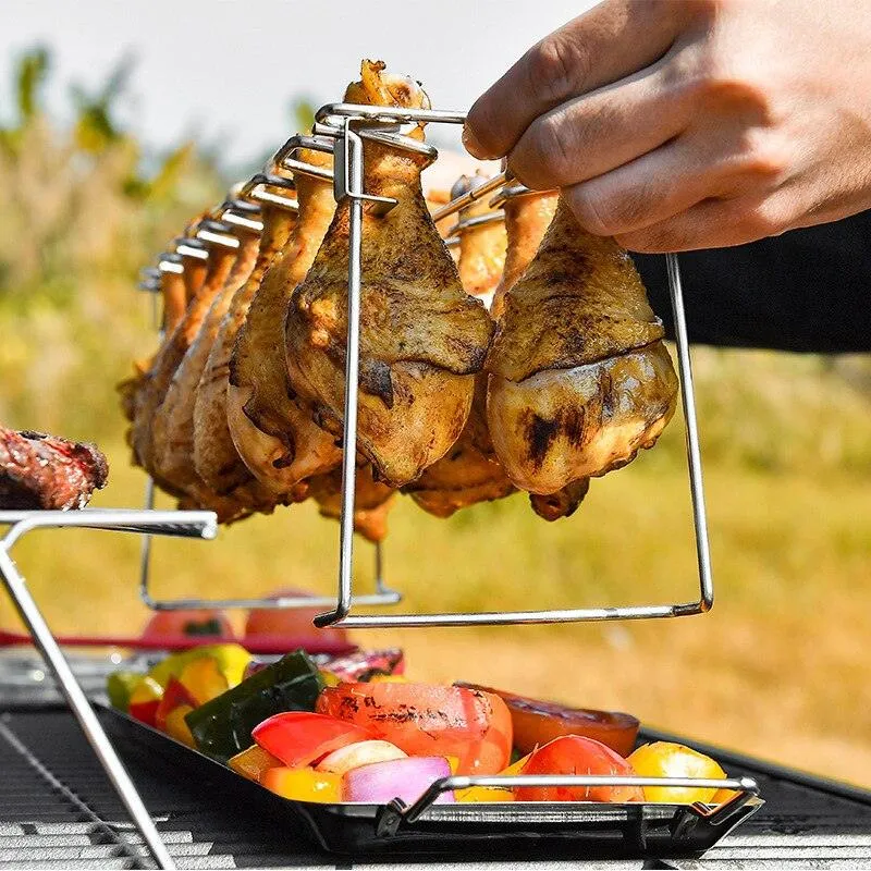 Chicken Leg Rack for Grill -  Premium Stainless Steel Barbecue Chicken Drumstick Holder with Drip Tray