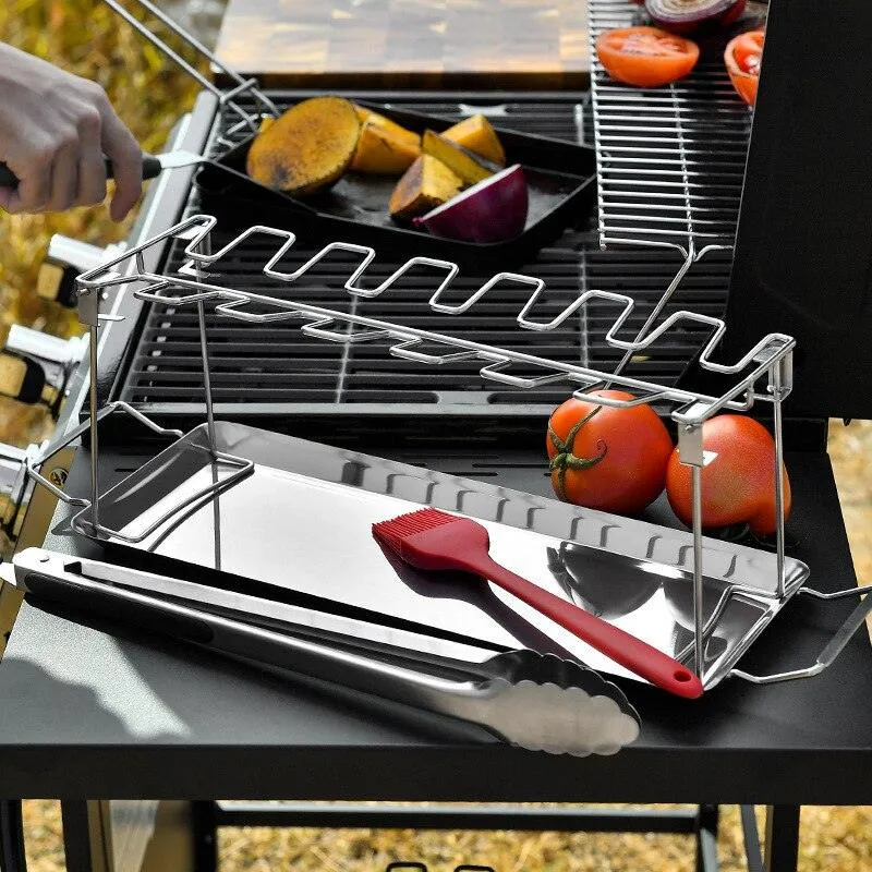 Chicken Leg Rack for Grill -  Premium Stainless Steel Barbecue Chicken Drumstick Holder with Drip Tray