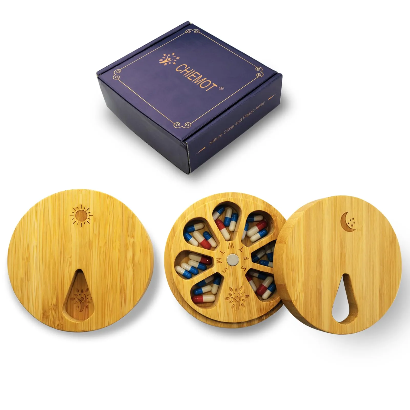 CHIEMONT: Wooden Portable Travel Pill Case with Velvet Bag