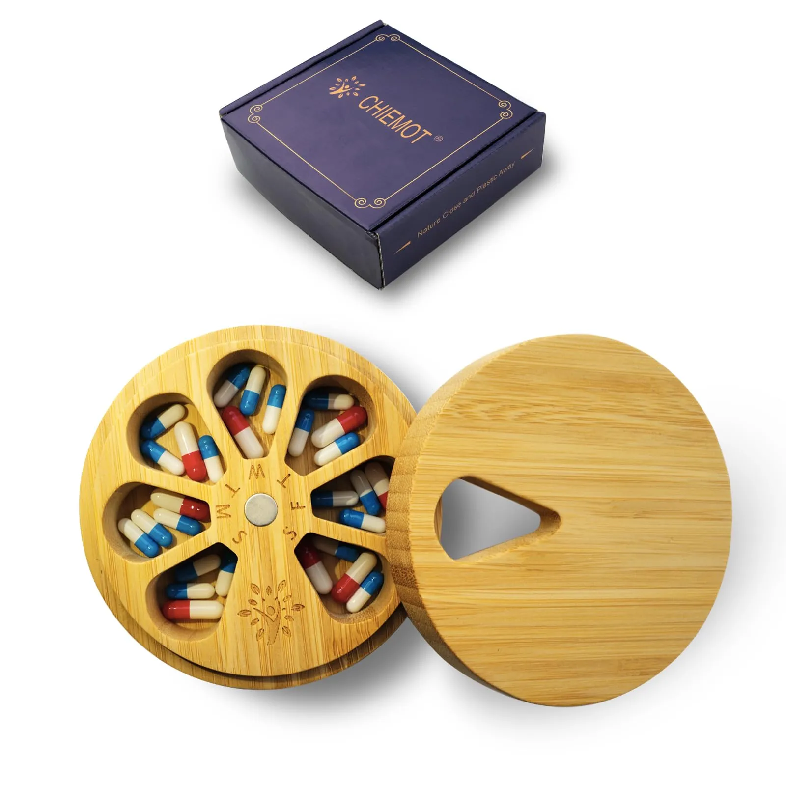 CHIEMONT: Wooden Portable Travel Pill Case with Velvet Bag