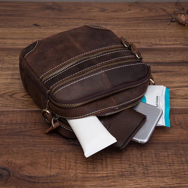 Coffee Leather Mens Small Messenger Bag Cool Mini Side Bag Belt Bag for men