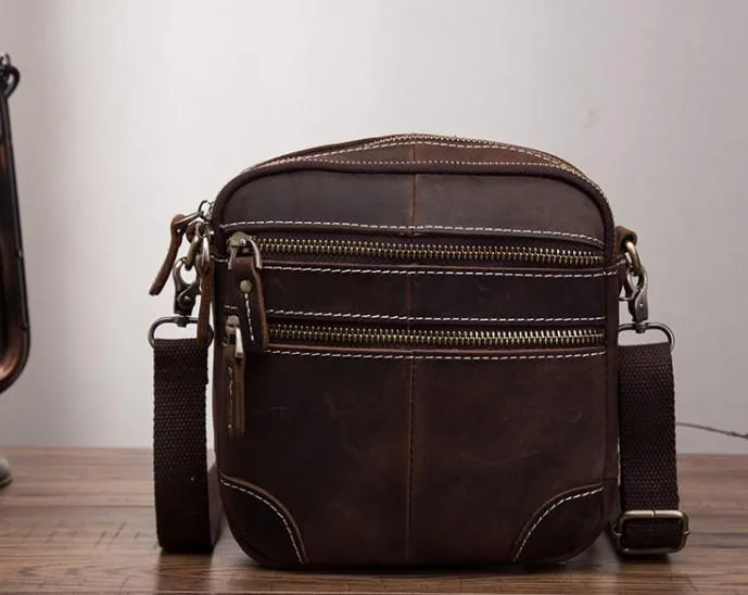 Coffee Leather Mens Small Messenger Bag Cool Mini Side Bag Belt Bag for men