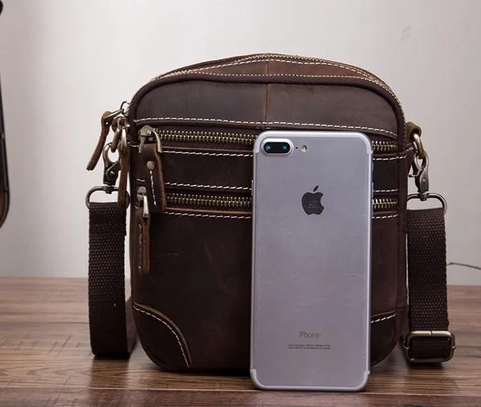 Coffee Leather Mens Small Messenger Bag Cool Mini Side Bag Belt Bag for men