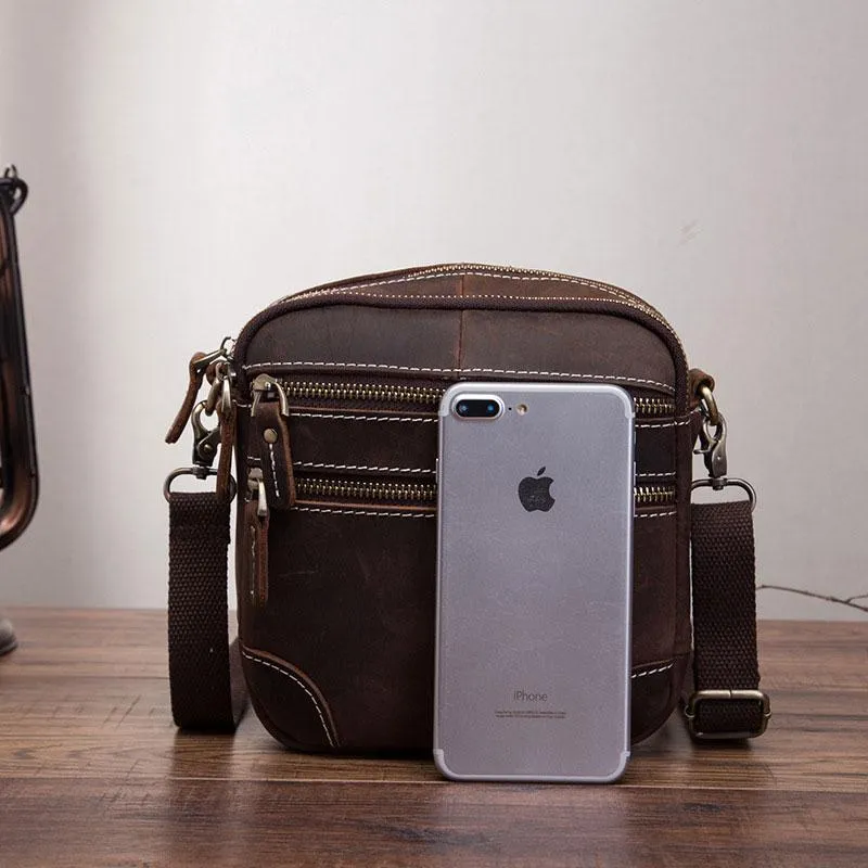 Coffee Leather Mens Small Messenger Bag Cool Mini Side Bag Belt Bag for men