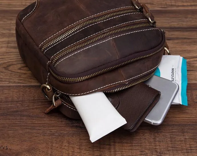 Coffee Leather Mens Small Messenger Bag Cool Mini Side Bag Belt Bag for men