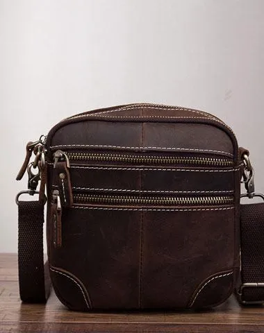 Coffee Leather Mens Small Messenger Bag Cool Mini Side Bag Belt Bag for men
