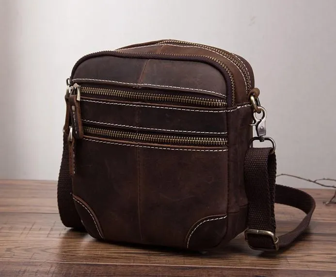 Coffee Leather Mens Small Messenger Bag Cool Mini Side Bag Belt Bag for men