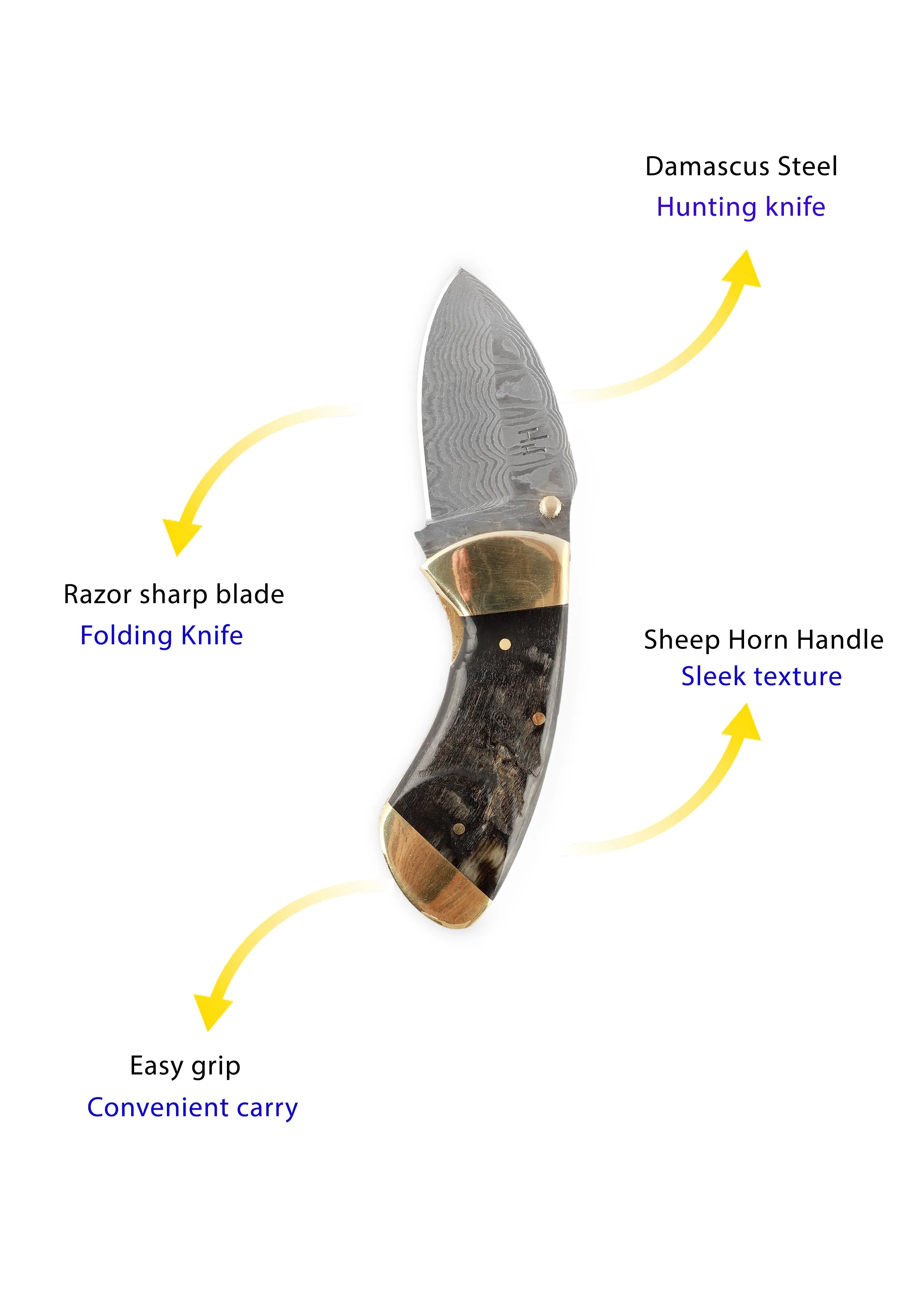 Damascus Steel Pocket Knife Folding Knife Rams Horn Handle