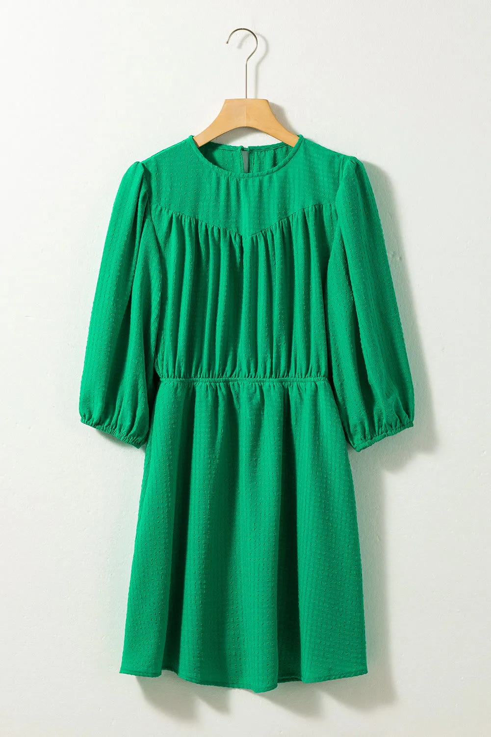 Dark Green Solid Color Round Neck Puff Sleeve Mini Dress