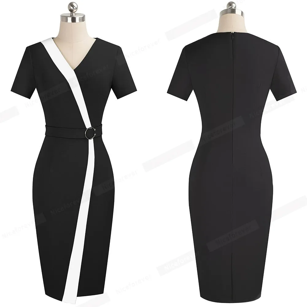Elegant Contrast Color Patchwork with Ring Work Office Business Party