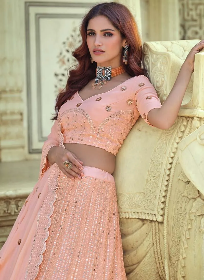 Elegant Georgette Fabric Peach Color Sequins Work Lehenga Choli
