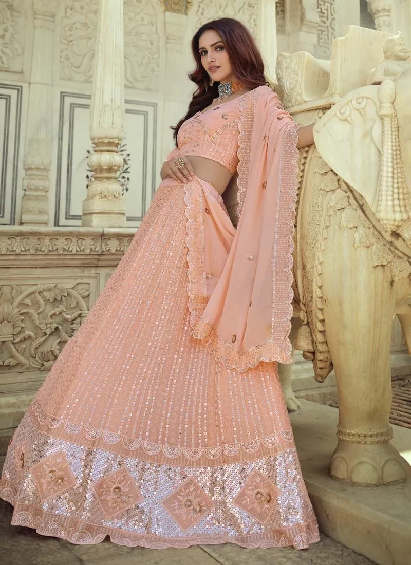 Elegant Georgette Fabric Peach Color Sequins Work Lehenga Choli