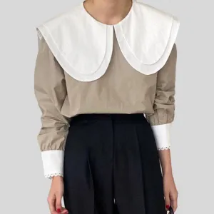 Elegant Hit Color Patchwork Blouse Chic Collar Puff Sleeve Shirts